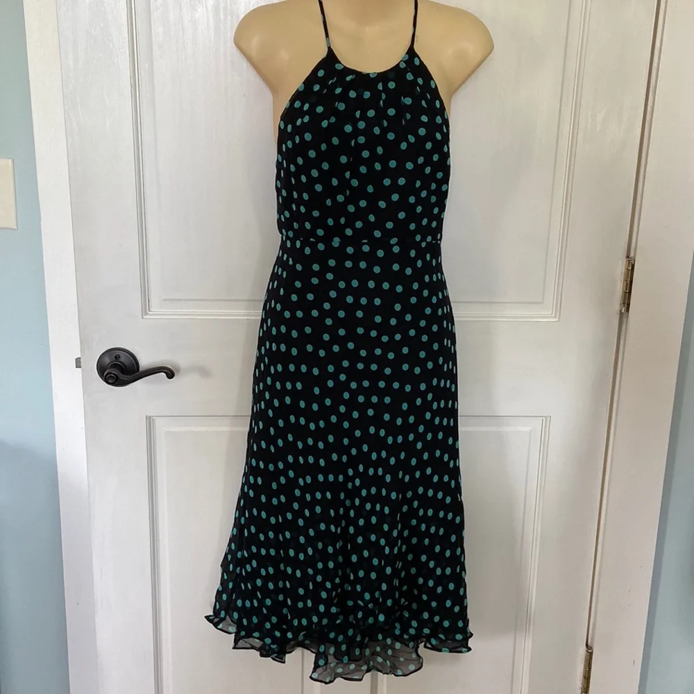 Nine West Black Turquoise PolkaDot Silk Dress Sz 4 - Picture 1 of 12